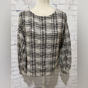 Loft Gray Plaid Boatneck Balloon Sleeve Pullover Sweater Lightweight Small